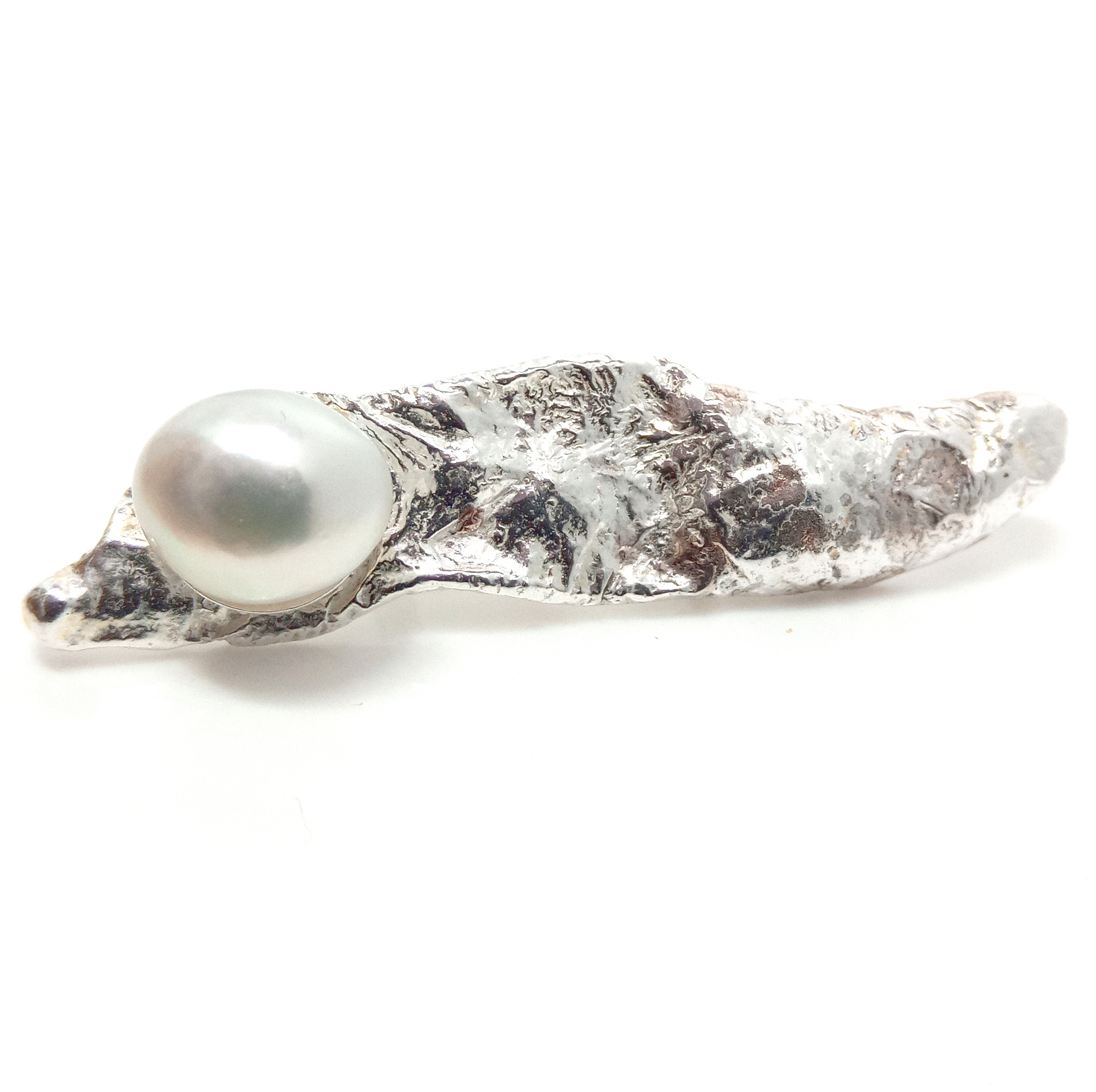 White Oval South Sea Keishi Pearl on Freeform Silver Bro